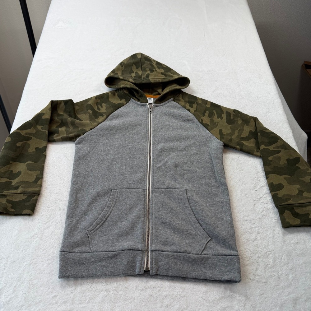 Old Navy Zip Up Hoodie Boys XL 14-16 Grey Green Camo Good Raglan Fleece Stretch